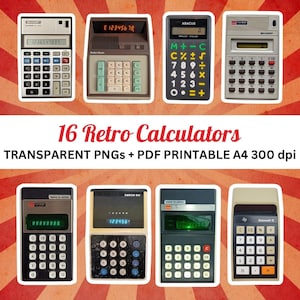 Retro Pocket Calculators - Digital Graphics Ephemera Clip Art Photo PDF PNG Images for Canva, Photoshop and Retro Tech Computer Junk Journal