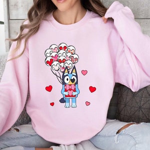 Bluey  Valentine Shirt , Bleu Valentine Day Sweatshirt, Adorable Kids Gift Tee, Cute Cartoon Dog with Heart Balloons Design, Bluey Dog Tee