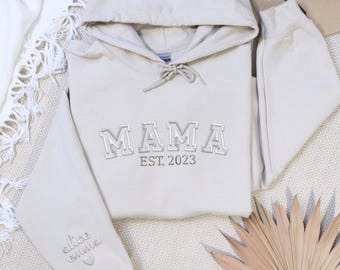 Personalized Embroidered Mama Sweatshirt with Kids Names on Sleeve, New Mom Hoodie, Personalized Gift for Mom, Crewneck Pullover