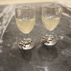 1" tall Sparkling Champagne Earrings with Tiny Silver Dragonfly Wine Charms At The Stem