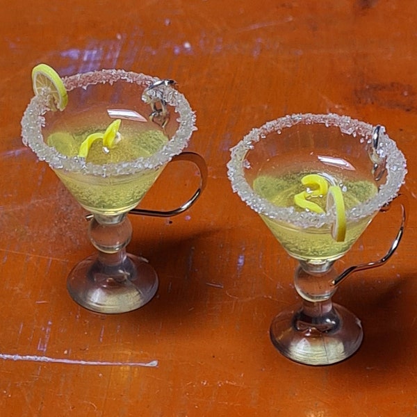 1" Miniature Lemon Drop Martini Glass Earrings w/ Tiny Lemon Peel and Sugared Rim