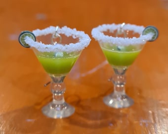Lime Green Frozen Margarita Glass Earrings w/ Salt Rim and Tiny Lime Wedge