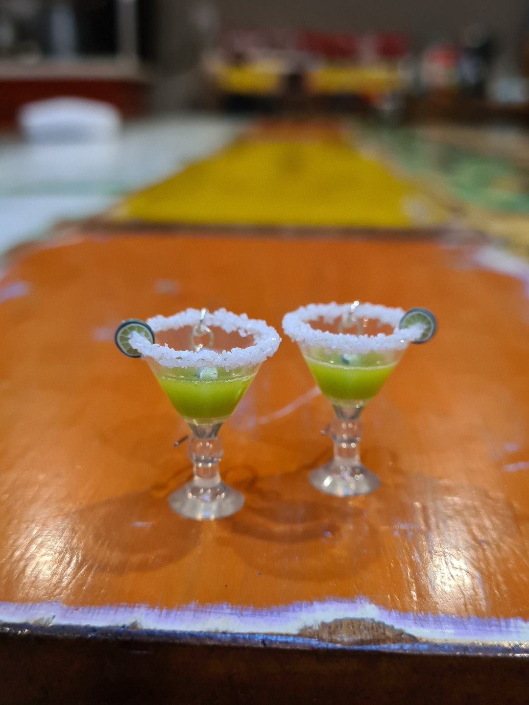 Lime Green Frozen Margarita Glass Earrings W/ Salt Rim and Tiny Lime