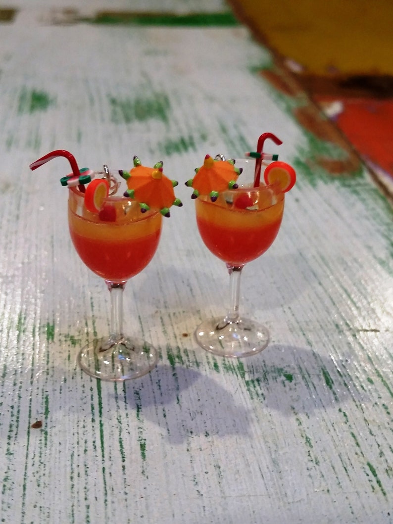 1-38 Tropical Hurricane Tequila Sunrise Earrings with Tiny Cocktail Umbrella Orchid Flower and Marachino Cherry Garnish