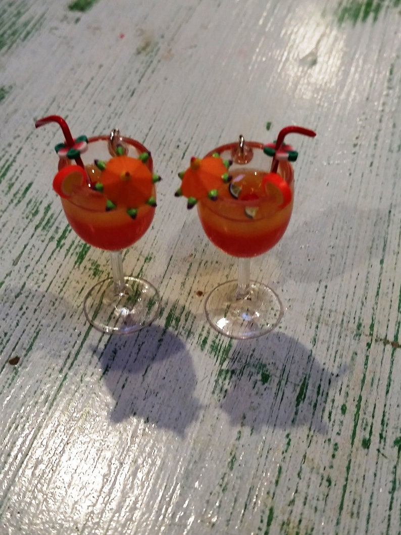 1-38 Tropical Hurricane Tequila Sunrise Earrings with Tiny Cocktail Umbrella Orchid Flower and Marachino Cherry Garnish