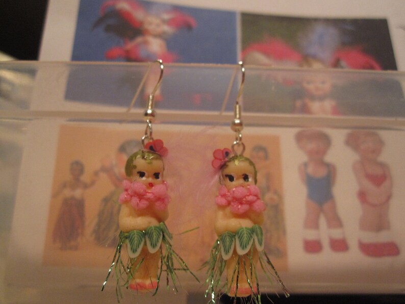 1 Miniature Kewpie Retro Hula Girl Earrings Handmade Etsy