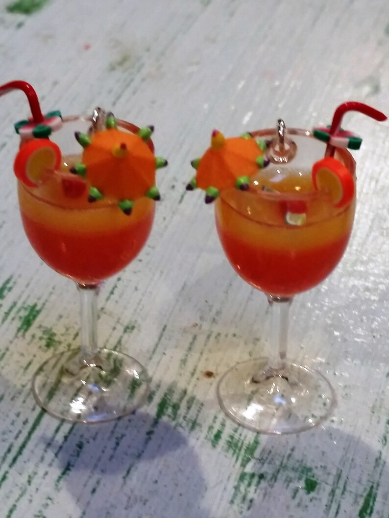 1-38 Tropical Hurricane Tequila Sunrise Earrings with Tiny Cocktail Umbrella Orchid Flower and Marachino Cherry Garnish