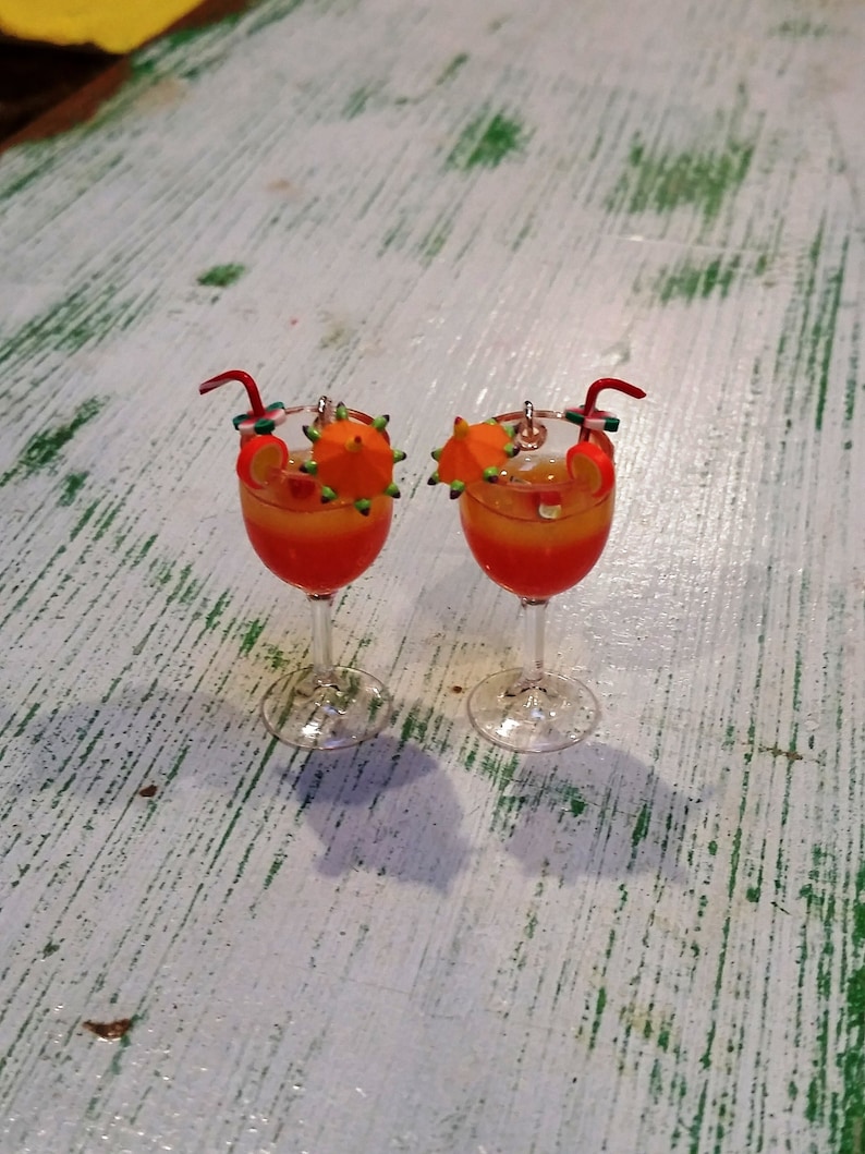 1-38 Tropical Hurricane Tequila Sunrise Earrings with Tiny Cocktail Umbrella Orchid Flower and Marachino Cherry Garnish