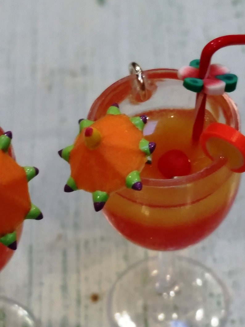 1-38 Tropical Hurricane Tequila Sunrise Earrings with Tiny Cocktail Umbrella Orchid Flower and Marachino Cherry Garnish