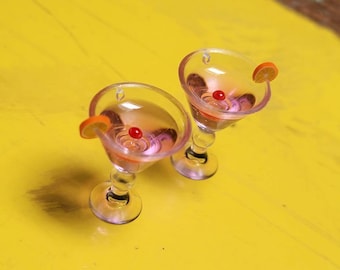 Retro Pink Cosmo Cosmopolitan Earrings w/ Tiny Fruit Wedge