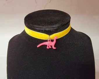 CHOKER - YELLOW Velvet Choker w/ DINOSAUR Pendant - Choker Necklace