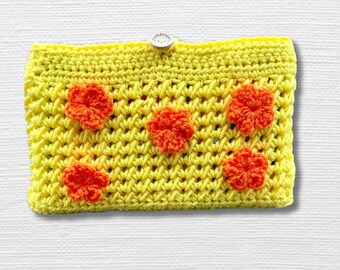 Yellow Crocheted Book Sleeve with Button Closure and Flower Embellishments Handmade Padded Book Cover Gift for Readers