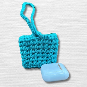 Blue Crocheted Earbud Case Soft Yarn Wireless Airpods Holder with Long Loop Closure