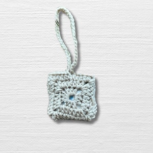 Beige Granny Square Crocheted Earbud Case Wireless Airpods Holder with Long Loop Closure