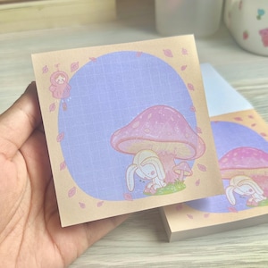 Cute Bunny Under Mushroom Memo Pad | Kawaii Notepad 3.5&quot;x3.5&quot; | 100 Sheets | Pastel Stationery for Notes & Journaling
