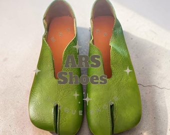 Handmade Green Tabi Shoes Leather Split Toe Flats Minimalist Japanese Style Shoes Unisex Slip On Soft