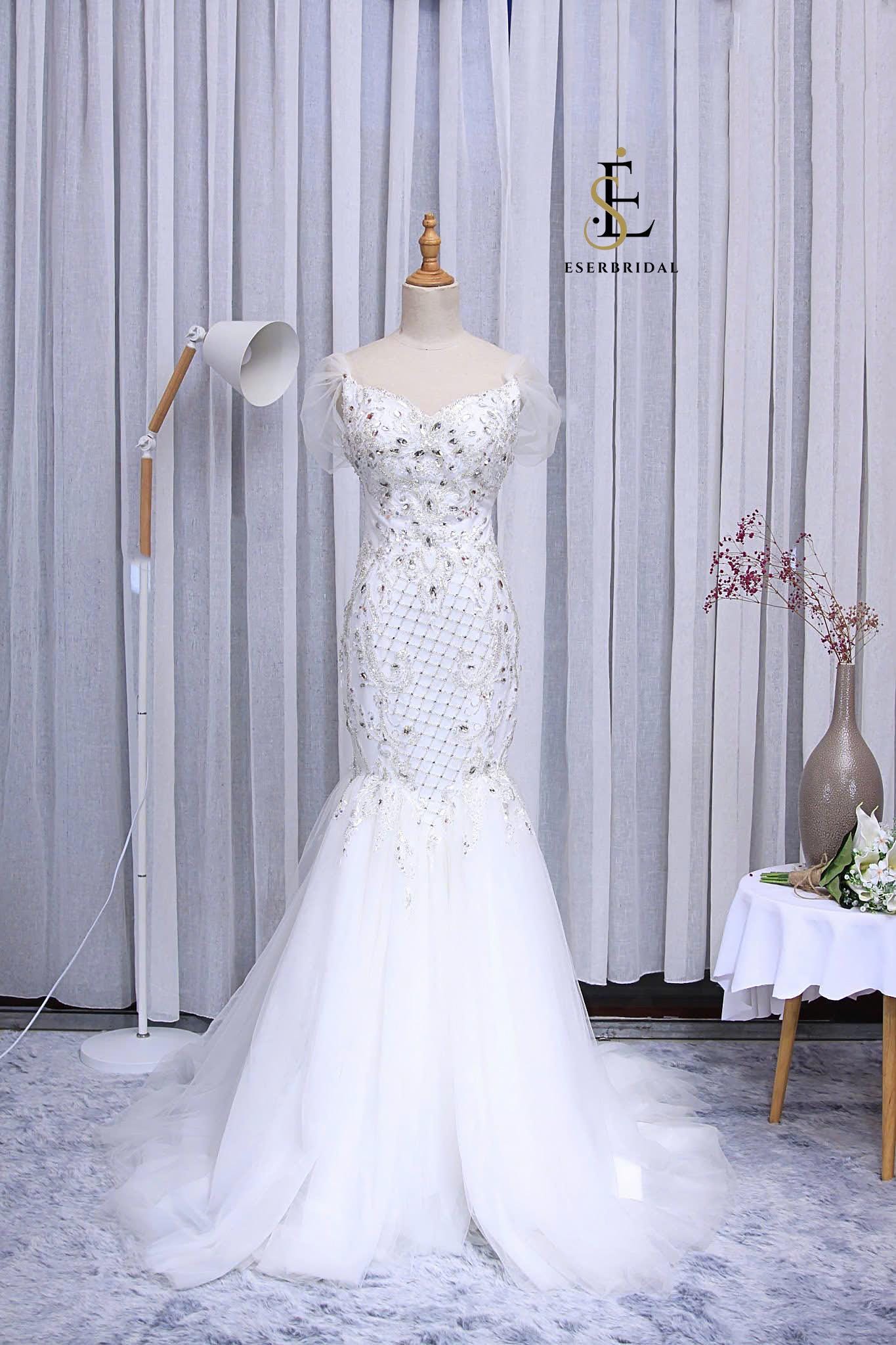 Long Sleeve Ruffle Mermaid Wedding Dress with 3D Crystal Embellishments