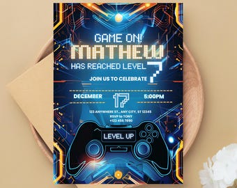 EDITABLE Video Game Party Invitation Level Up Birthday Invite Blue Neon Glow Evite Gamer Boy Template Arcade Party Video Game On Party Evite