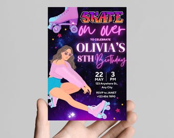 Neon glow Kid Birthday party neon glow roller disco party birthday invitation editable template Skate Party Birthday Roller Skating Invite
