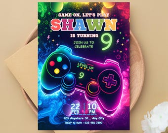 Video Game Birthday Invitation Neon Glow Boy Gamer Party Invite Level Up Game On Digital Editable Editable Video Game Birthday Invitation