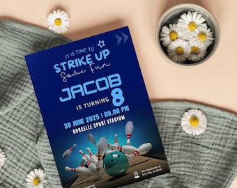 May include: Blue and white bowling-themed birthday party invitation for Jacob's 8th birthday. The invitation features a bowling ball and pins, with the text "It is time to strike up some fun, Jacob is turning 8". The invitation also includes the date, time, and location of the party.
