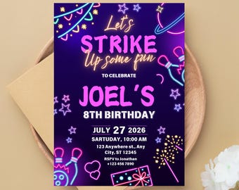 May include: Neon pink and blue birthday invitation with a bowling theme. The invitation says "Let's Strike Up Some Fun" to celebrate Joel's 8th birthday on July 27, 2026. The invitation includes the time, location, and RSVP information.