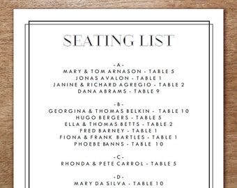 printable seating list wedding seating list template etsy