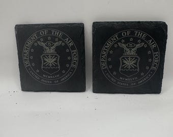 US Air Force Department Slate Coasters, Military Emblem Design, Black, Set of 4