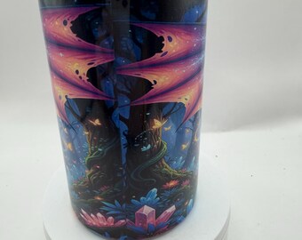 Fantasy Dragon Can Cooler, Cosmic Galaxy Design, Insulated Can Cooler with Mystical Night Sky Art, Blue and Purple