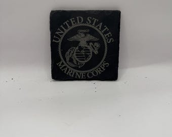United States Marine Corps Slate Coaster with Military Eagle Emblem, Black, Set of 4