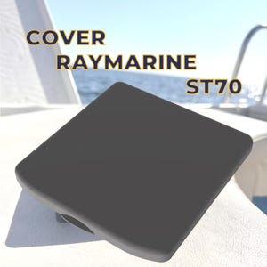 May include: A dark gray cover for a Raymarine ST70 instrument. The cover is square with rounded edges and a small, circular base. The text "COVER RAYMARINE ST70" is displayed in gold lettering.