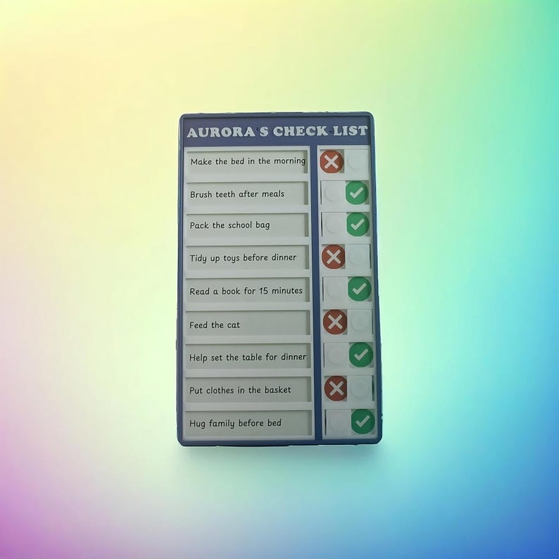 May include: A blue and white checklist with the title "AURORA'S CHECK LIST". The checklist has a list of tasks with checkboxes next to each task. Some tasks have a green checkmark in the checkbox, while others have a red X.