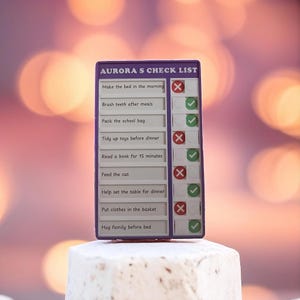 May include: A purple checklist with the title "AURORA'S CHECK LIST" and a list of tasks with checkboxes. Some tasks are marked with a green checkmark, while others are marked with a red X.