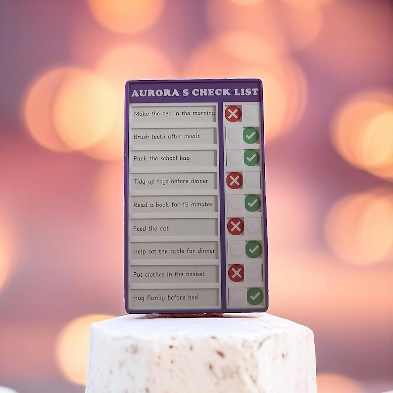May include: A purple checklist with the title "AURORA'S CHECK LIST" and a list of tasks with checkboxes. Some tasks are marked with a green checkmark, while others are marked with a red X.