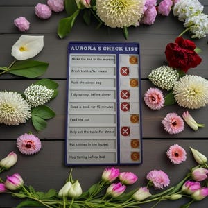 May include: A blue checklist with the title "AURORA'S CHECK LIST" and a list of chores for a child. Each chore has a box next to it with a check mark or an X. The checklist is surrounded by a variety of colorful flowers.