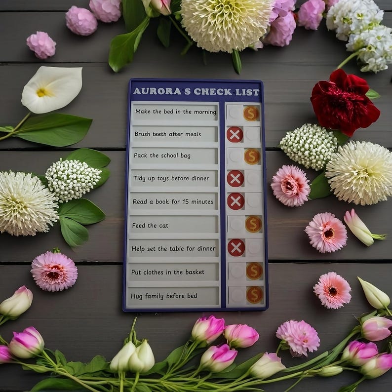 May include: A blue checklist with the title "AURORA'S CHECK LIST" and a list of chores for a child. Each chore has a box next to it with a check mark or an X. The checklist is surrounded by a variety of colorful flowers.