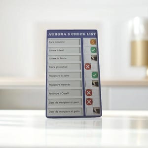 May include: A purple checklist with the title "AURORA S CHECK LIST" and a list of tasks with checkboxes. The tasks include "Fare Colazione", "Lavare i denti", "Lavare la faccia", "Pulire gli occhiali", "Preparare lo zaino", "Preparare merenda", "Pettinare i Capelli", "Dare da mangiare ai pesci", and "Dare da mangiare al gatto".