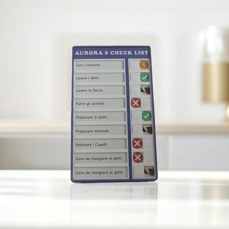 May include: A purple checklist with the title "AURORA S CHECK LIST" and a list of tasks with checkboxes. The tasks include "Fare Colazione", "Lavare i denti", "Lavare la faccia", "Pulire gli occhiali", "Preparare lo zaino", "Preparare merenda", "Pettinare i Capelli", "Dare da mangiare ai pesci", and "Dare da mangiare al gatto".