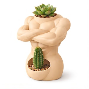 May include: A beige, muscular torso-shaped planter with arms crossed. The head area holds a green succulent, and the lower section features a cactus. The cactus sits in a small opening filled with pebbles. A unique and decorative item for plant lovers.