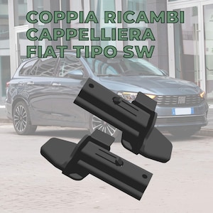 May include: Two black car parts are displayed in front of a gray Fiat Tipo SW. The text "COPPIA RICAMBI CAPPELLIERA FIAT TIPO SW" is at the top of the image. The car parts are angled towards the viewer.