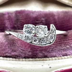 EXQUISITE 14K MCM White Gold Vintage Diamond Engagement Ring | Mid Century Two Stone Ring | Retro Engagement Ring | Stacker