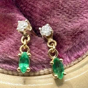 DAINTY VINTAGE 14K Gold Emerald and Diamond Dangle Earrings | Estate Marquise Emerald Earrings | May Birthstone Fine Jewelry