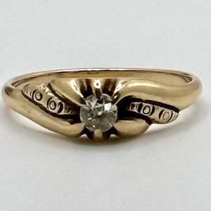14K Vintage Mine Cut Diamond Belcher Ring with Ornate Band Yellow Gold OMC Natural Diamond
