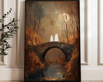 Puede incluir: Impresión artística enmarcada que representa dos figuras de fantasmas blancos sobre un puente de piedra. El puente cruza un río oscuro, rodeado de árboles otoñales en tonos naranja y marrón. Una luna llena brilla en el fondo, creando una atmósfera espeluznante y serena.