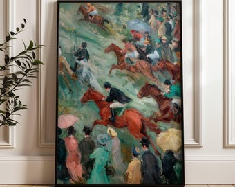 Renntag Vintage Wandkunst | Pferdesport-Enthusiast Wand-Kunst-Druck | Moderner Reiter | Geschenk für Pferdeliebhaber | Cottagecore Dekor | Impressionist