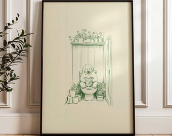 Funny Cute Bathroom Art | Dog Reading Newspaper Poster | Dog Illustration | Dog Art for Dog Lovers | Minimalist Line Drawing Print