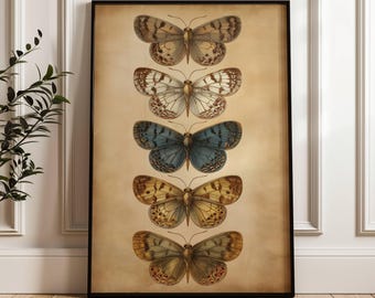 Vintage Five Butterfly Print | Dark Moody Insect Insect Wall Art | Cottagecore Moth Print | Antique Moth Painting | Botanical Print