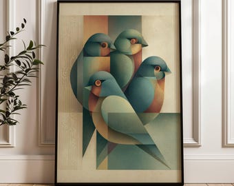 Abstract Japanese Bird Art Print | Antique Bird Illustration | Farmhouse Decor | Retro Blue Bird Poster | Minimalist Animal Illustration