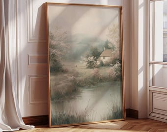 Vintage platteland, gedempte lentetuin met vintage bloesembomen, muurkunst, schilderij lente, muurdecoratie lente, vintage boerderijprint