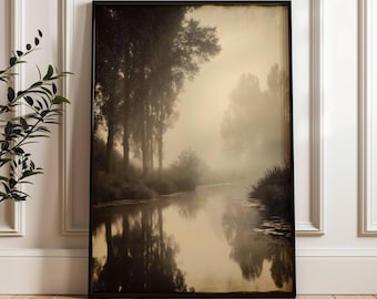 Riverside Landscape Watercolor Print | Peaceful Scenery | Farmhouse Decor | Neutral Sepia Art | Vintage Forest Painting | Neutral Tone Print